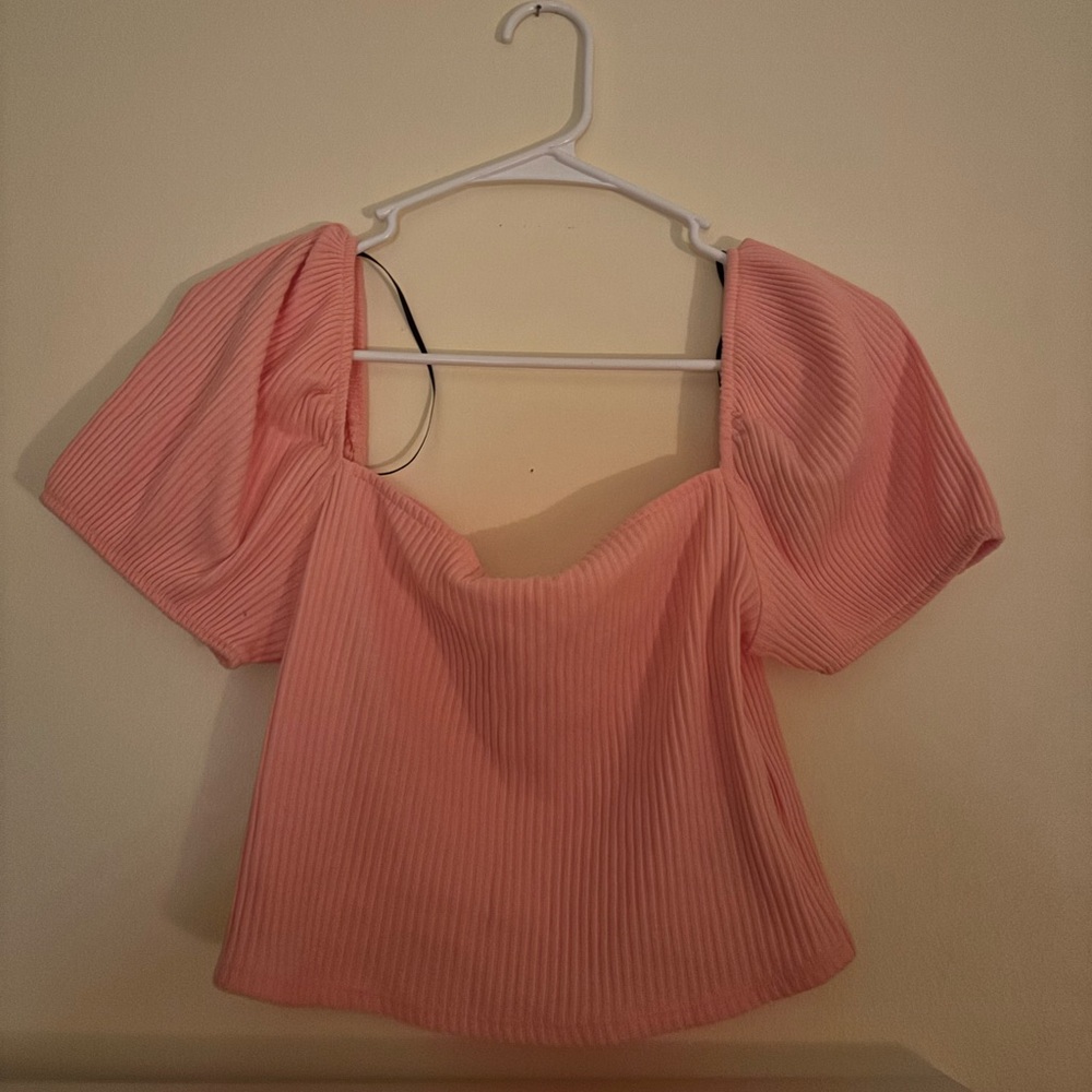 H&M Pink Ribbed Blouse with Puff Sleeves